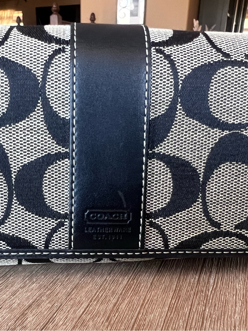 New not used Coach Black and Beige Signature Canvas Wallet with Leather Trim